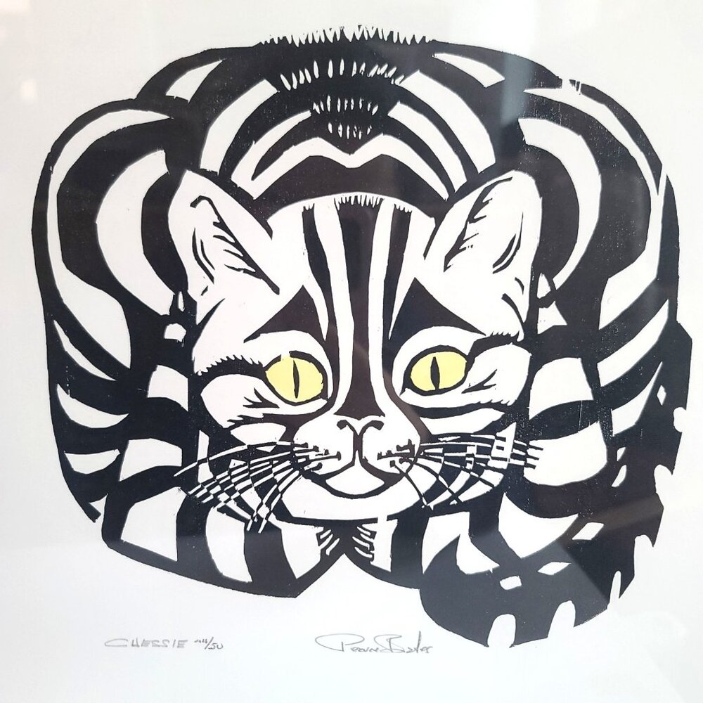 Artist Pearce Bates Chessie cat woodblock print signed framed black white feline